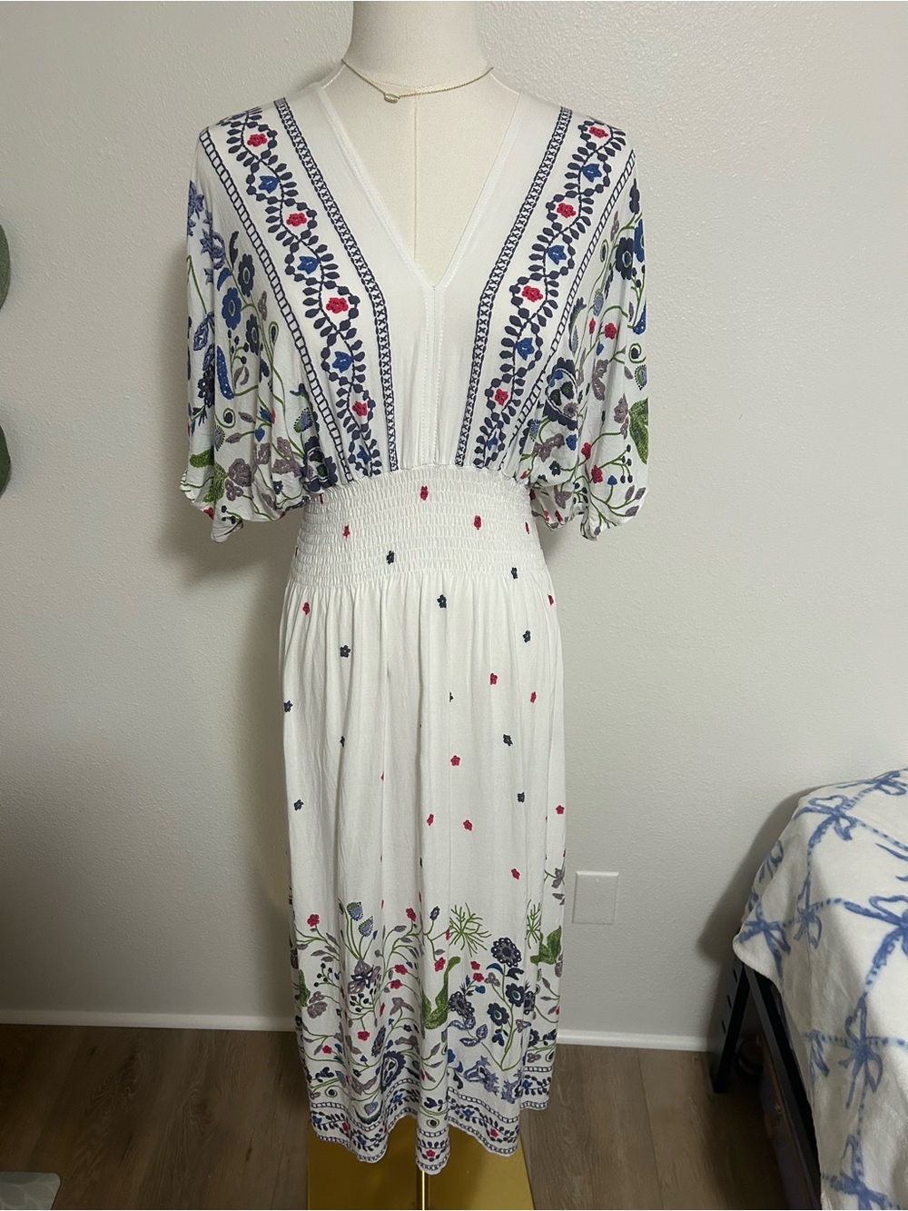 White Floral V-Neck Midi Dress